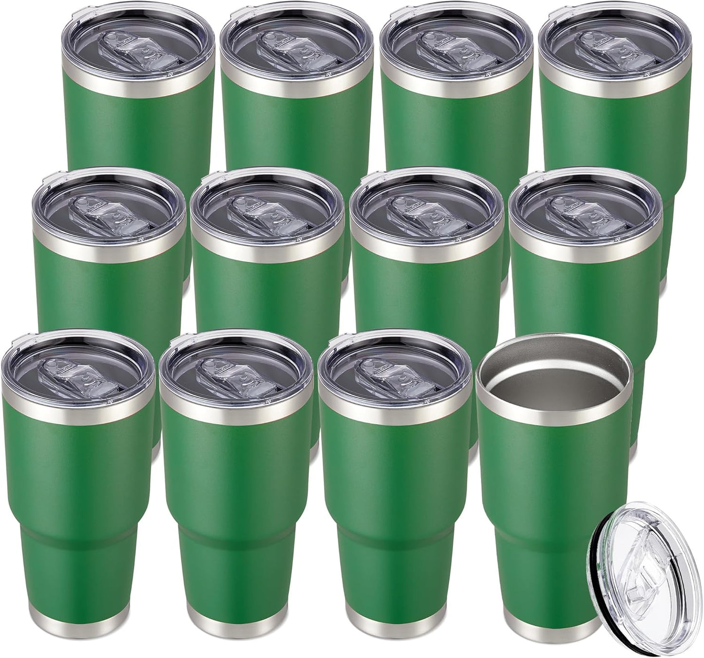 30 oz Tumbler with Lid Stainless Steel Tumblers Bulk Vacuum Insulated Cup Reusable Powder Coated Travel Mug Double Wall Leak Proof Cups Keep Cold Drinks for 12 Hours Dark Green, Set of 12