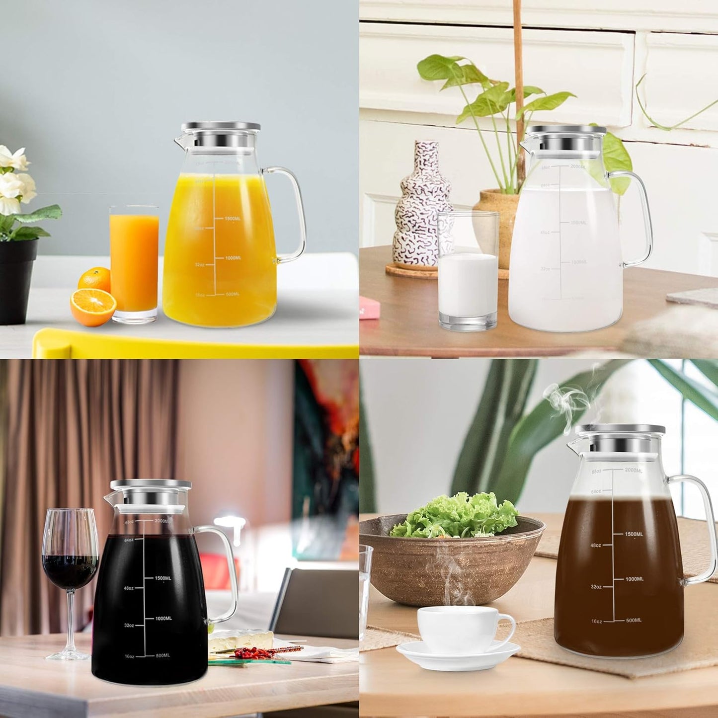 Aofmee Glass Pitcher, 68oz Water Pitcher with Lid and Precise Scale Line, 18/8 Stainless Steel Iced Tea Carafe, Easy Clean Heat Resistant Borosilicate Jug for Juice, Milk, Cold or Hot Beverages