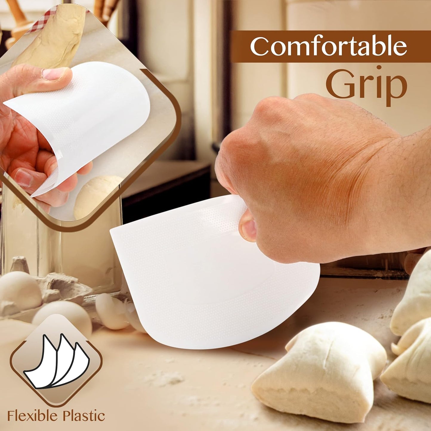 Plastic Bench Scraper for Baking - 2 White Bowl Scraper - Flexible Food Safe Dough Scraper Multipurpose Good Grip Curved and Flat Edge Dough Cutter - Essential Pan Scraper for Kitchen Use - RamPro