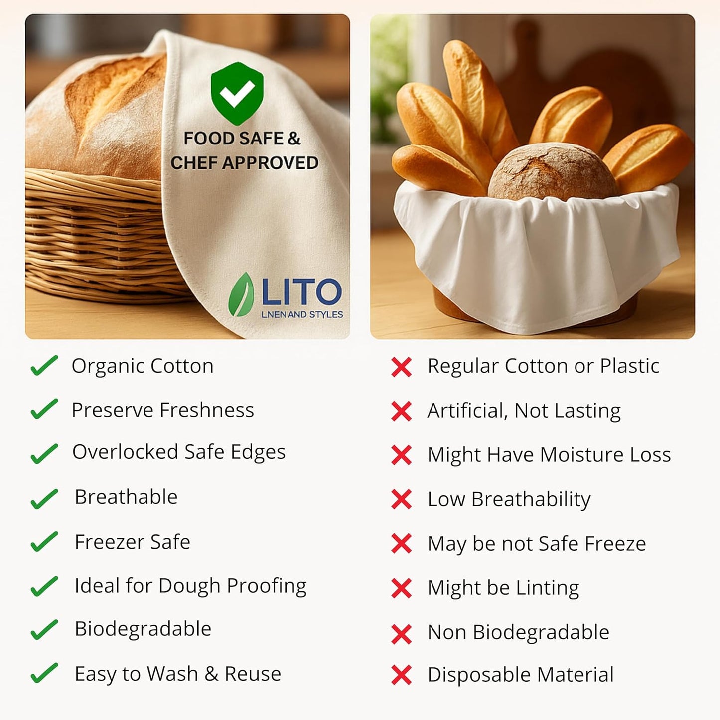 LITO LINEN AND TOWEL Flour Sack Towels for Bread Dough Proofing – Unbleached, Thick Cotton Baking Cloth for Baguettes, Ciabatta, Pastry – Reusable, 28"x28", 3-Pack