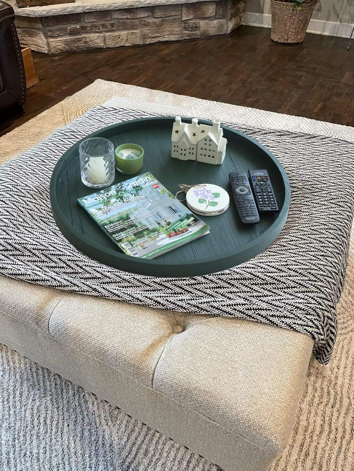 Round Ottoman Table Tray Round-24 - Rustic Wooden Serving Tray for Farmhouse Decorative Oversized Coffee Table Trays Living Room Kitchen Counter Breakfast Green