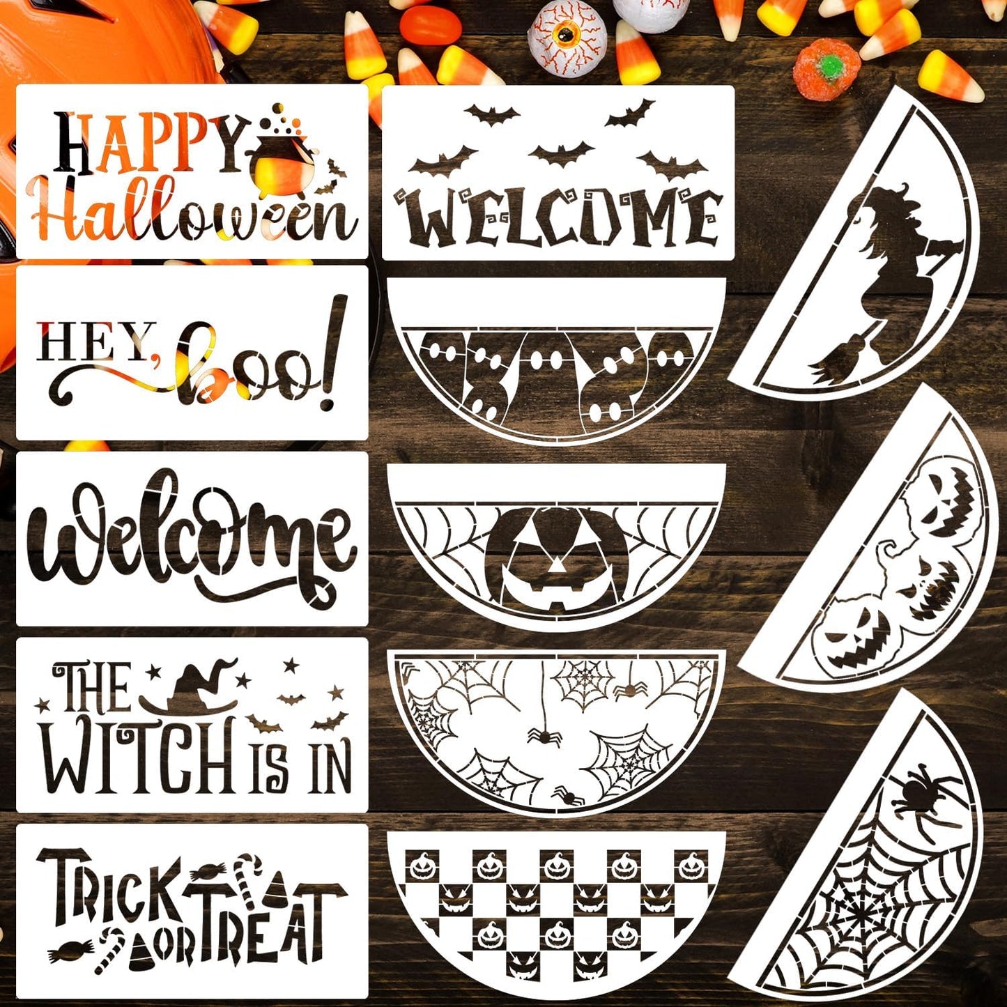 Halloween Stencils for Painting on Wood 12inch Large Halloween Stencil Hey Boo Witches Spider Bats Ghost Draw Templates for Porch Hanger Doormat Fabrics DIY Crafts Decor