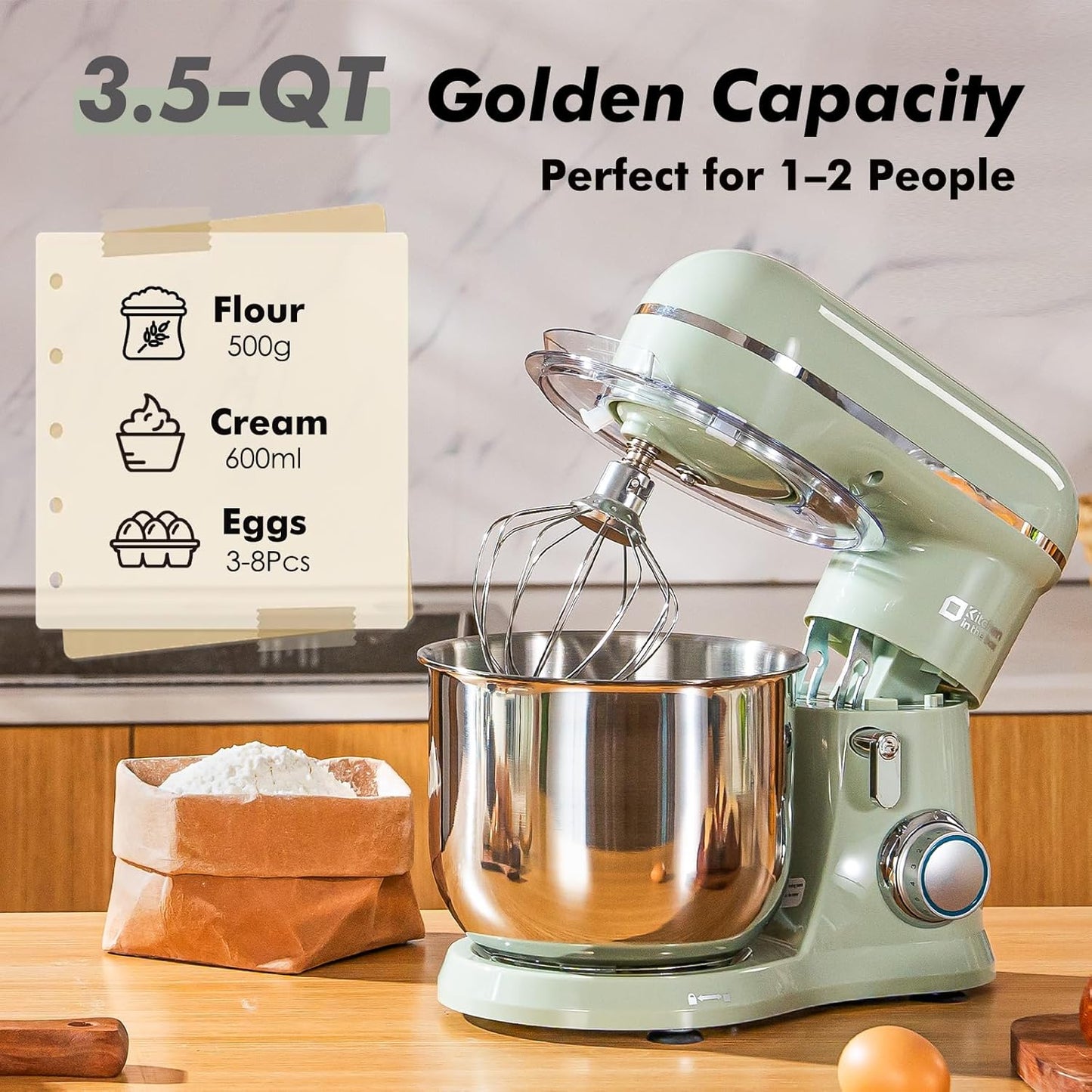 Kitchen in the Box Stand Mixer, 3.5 QT Small Electric Kitchen Mixer, 10-Speed Portable Lightweight Food Mixer with Stainless Steel Bowl, Egg Whisk, Dough Hook, Beater (Sage Green)