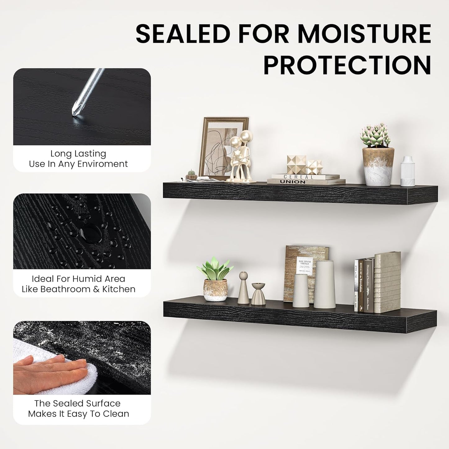 Floating Shelves for Wall, 31.5" W x 6.7" D x 1.5" H, Wooden Wall Mounted Display Shelves with Invisible Brackets for Living Room, Bedroom, Bathroom, Kitchen Decor and Storage, Set of 2, Black