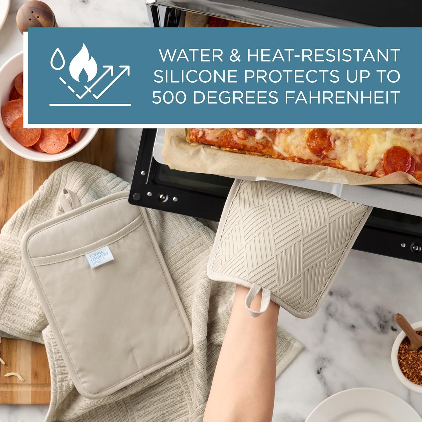 TOWN & COUNTRY BASICS Basketweave Soft Silicone Pot Holder 2-Pack Set, Heat Resistant up to 500F, Flexible Silicone, Non-Slip Grip, Beige, 7.5"x10"