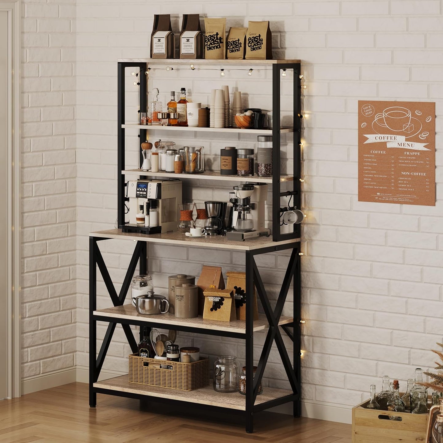 Yaheetech 6-Tier Kitchen Bakers Rack, 31.5 Inch Coffee Bar Table, Farmhouse Microwave Oven Stand Cabinet for Small Spaces, Corner Organizer Storage Shelf for Spices and Pots, Grey