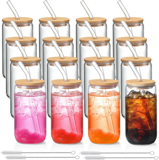 NETANY 16 Pack Glass Cups with Lids and Straws 16 oz, Personalized Customizable Glasses for Gift, Business, Drinking glasses set, Iced Coffee Cup, Cute Aesthetics Tumbler for Tea, Homemade Drinks