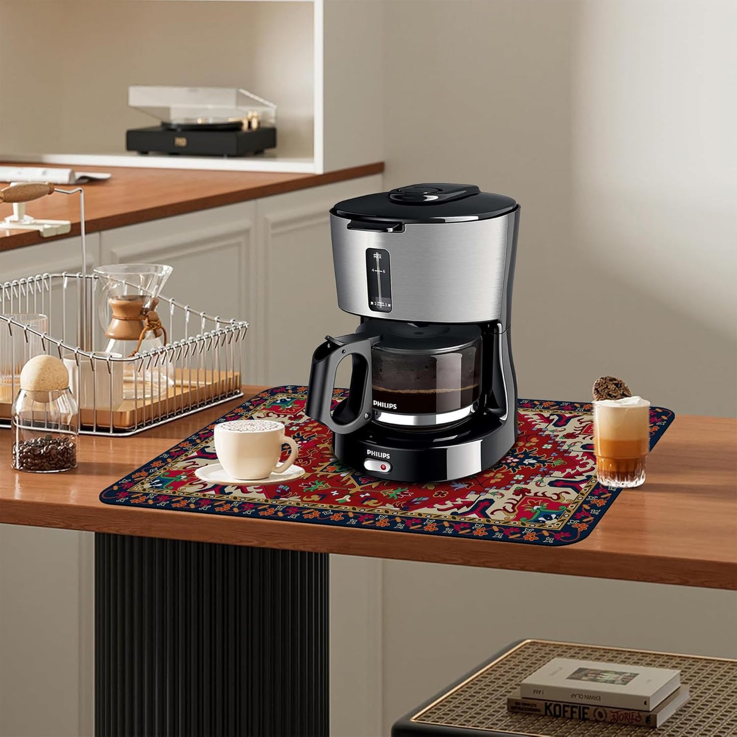 Dish Drying Mat Bohemia Tribal Carpet Texture Kitchen Mat 12"x19" Bsorbent Coffee Maker Mat for Dishes,Utensils Coffee Maker Pots and Pans Easy Clean Dish Slip Resistant Pad