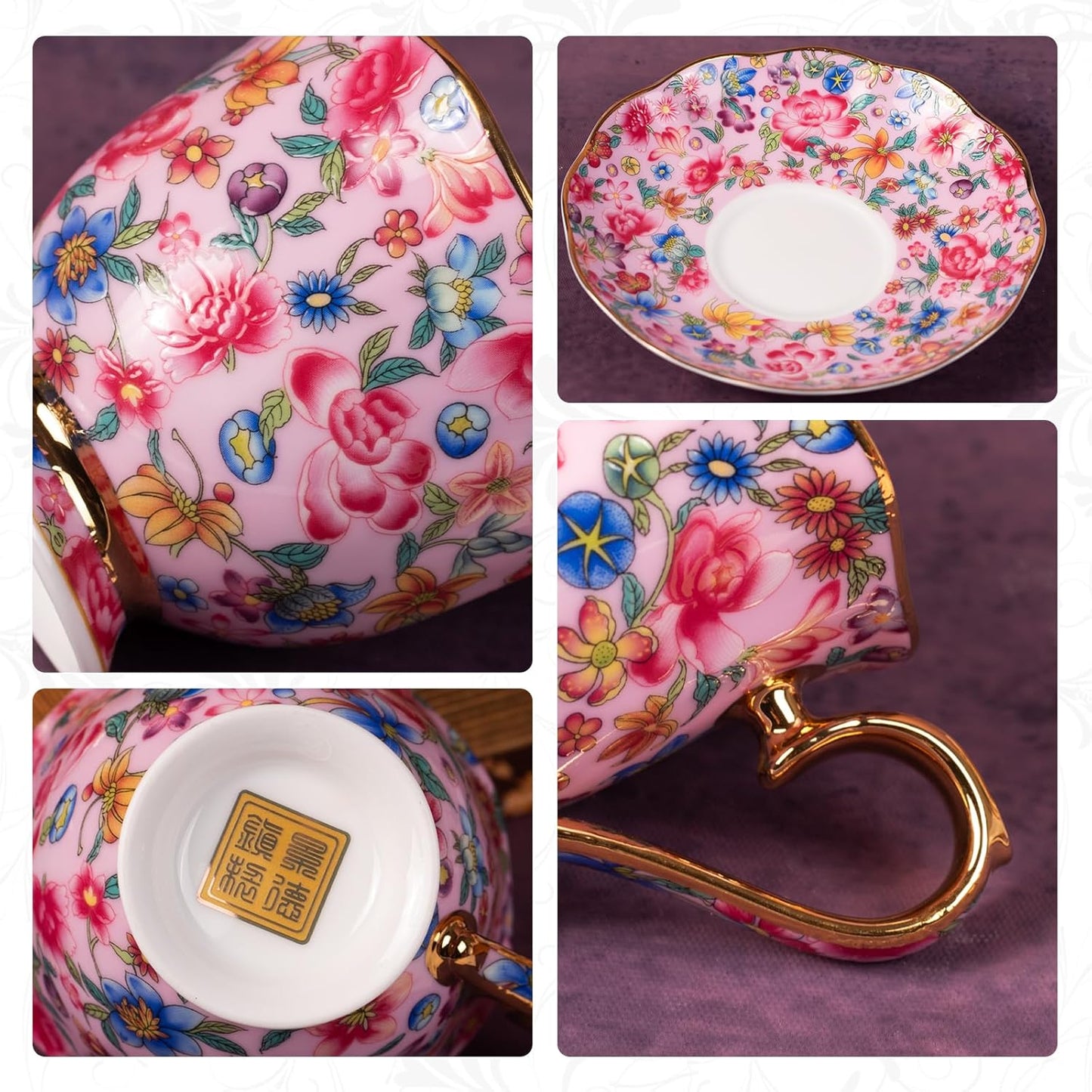 KAMMAK Tea Cups and Saucers Set of 2, Porcelain Coffee Cups with Saucer for Espresso, Cappuccino, 6.3oz Vintage Pink and Yellow Ceramic Demitasse Mug for Home, Tea Party, Office