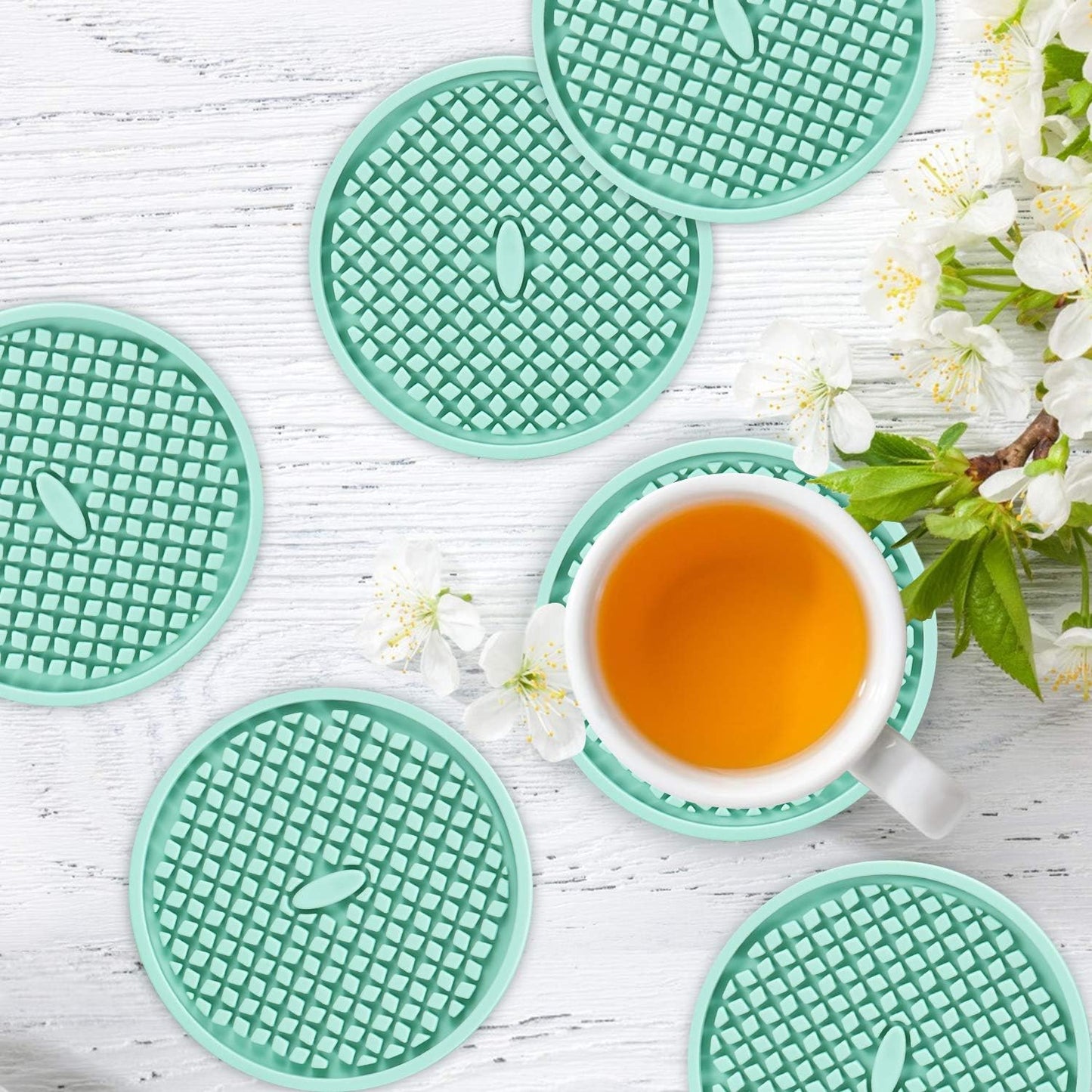 ME.FAN Silicone Coasters [6 Pack] Thickened Drink Coasters with Holder - Cup Mat - Non-Slip, Non-stick, Stay Put, Deep Tray - Prevents Furniture and Tabletop Damages(Peppermint Green)
