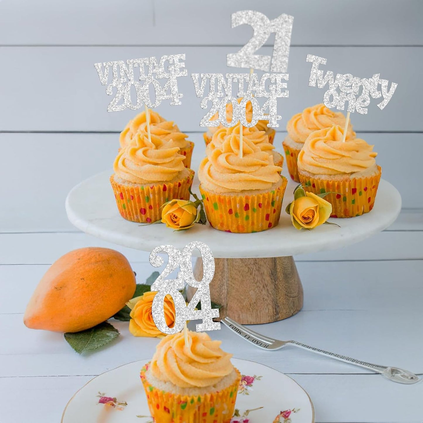Gyufise 24Pcs 21st Birthday Cupcake Toppers Glitter Twenty-one Vintage 2004 Hello 21 Years Birthday Cupcake Picks Cheers to 21 Cake Decor for Happy 21st Anniversary Party Supplies Silver