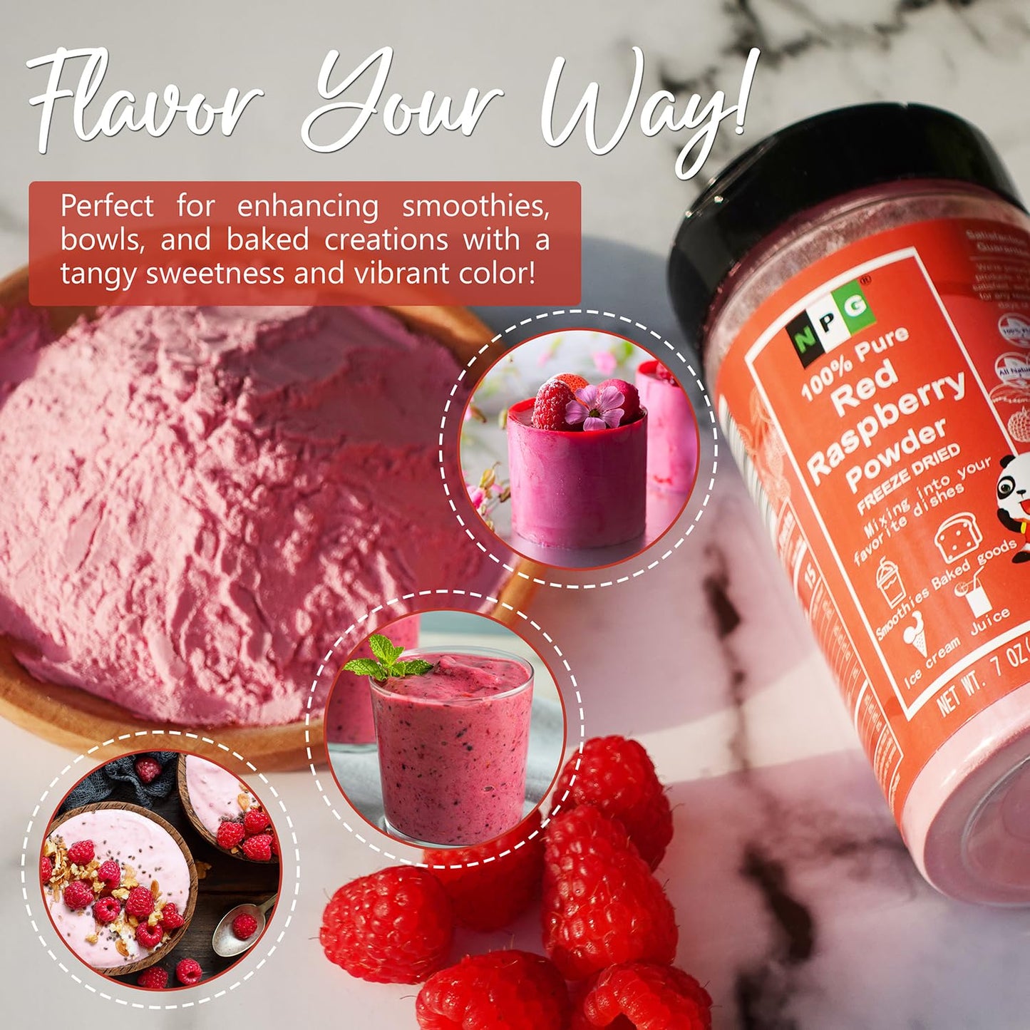 NPG Freeze Dried Red Raspberry Juice Powder 7 Oz, Seedless Fine Superfood Powder for Flavoring, Coloring, Baking, Smoothies, Purees, and Acai Bowls, All Natural
