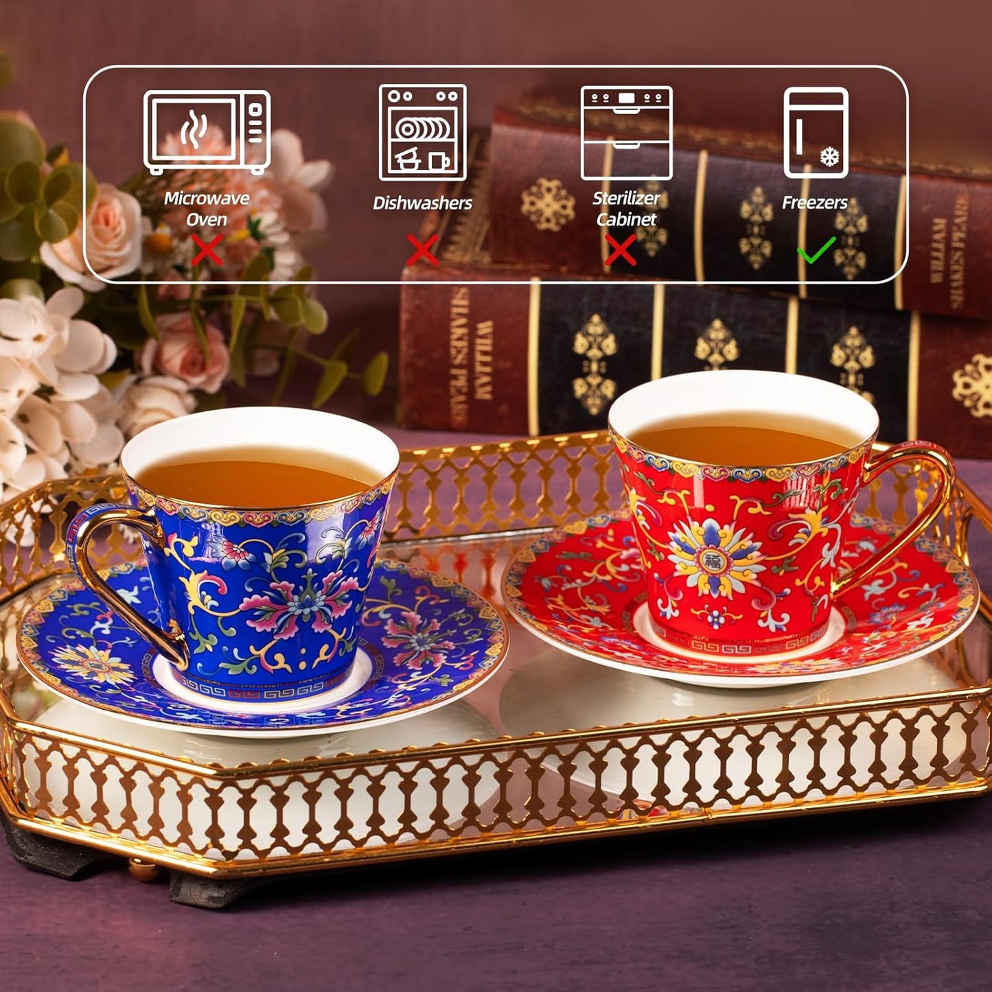 KAMMAK Tea Cups and Saucers Set of 2, Porcelain Coffee Cup with Saucer for Espresso, Cappuccino, 8oz Vintage Red and Blue Ceramic Demitasse Mug for Home, Tea Party, Office