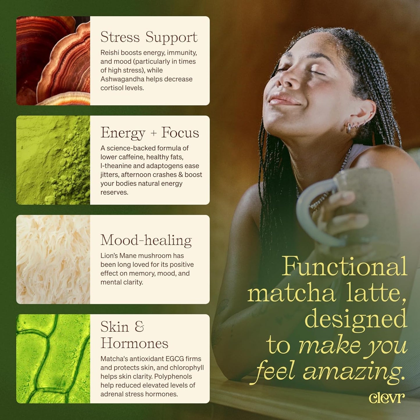 Clevr Blends Organic Honey Lavender Matcha SuperLatte, Instant Ceremonial Grade, Superfood Powder Blend, Oat Milk, Lion Mane, Reishi Mushroom, Coconut Cream, Ashwagandha, Serve Hot or Iced (14 Lattes)