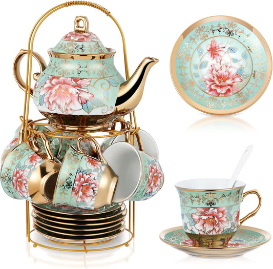 Zhehao 20 Pcs Porcelain Tea Set with Metal Holder and Spoon Adult Ceramic Tea Party Set European Flower Painting Teapot Cup Saucer Spoon Set for Women, Large Version(Fresh Style)