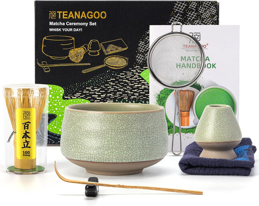 TEANAGOO Matcha Whisk Set Green, 7 Pcs Matcha Set, Matcha Kit for Ceremony, Matcha Tea Set for Making Breakfast/Latte,Whisk Set and Ceramic Bowl with All Accessories, Gift for Family/Friend
