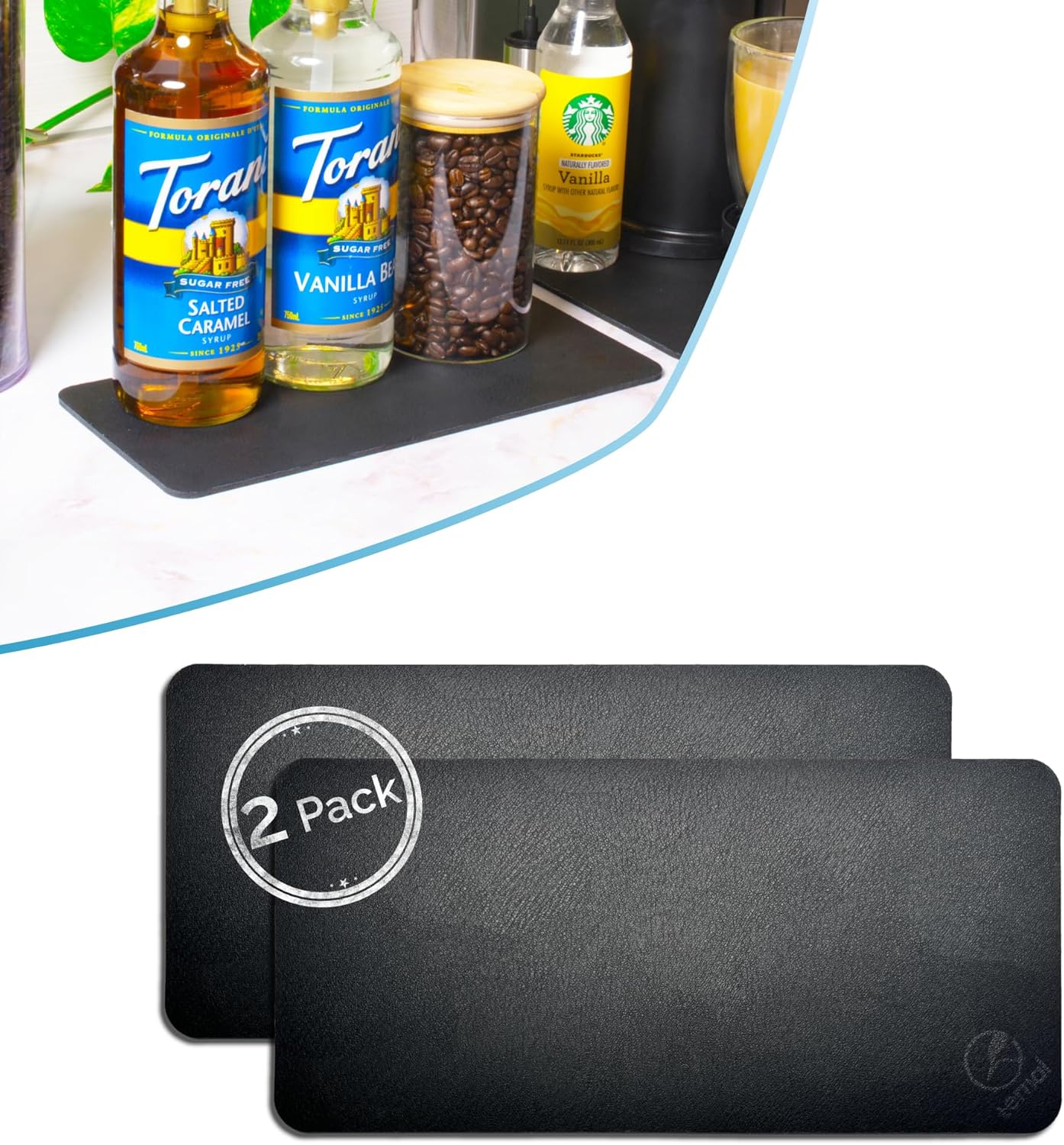Ternal DripGuards Absorbent Counter Mat 2-Pack | Waterproof, Quick-Dry Coffee Bar Mat for Kitchen, Sink & Drink Station | Non-Slip, Spill-Proof Protector for Water, Oil & Syrup [5.5" x 12"]