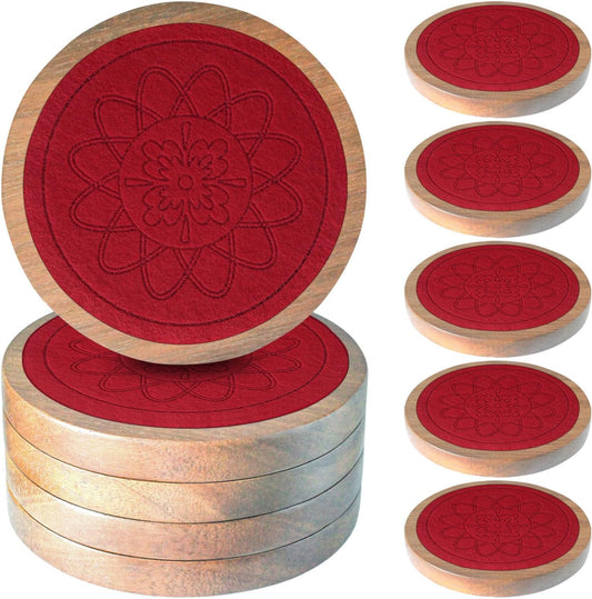 5 Pack Wood Coasters for Drinks, Minacun Absorbent Coaster Set, Drinks Coasters for Coffee Tabletop Protection, Non-Slip, Non-Stick, Suitable for Kinds of Cups Wooden Table Drink, 4.3 Inch Red