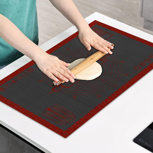 Silicone Pastry Mat Extra Large with Measurements 26''x16'' for Reusable,Non-slip Silicone Baking Mat, Counter, Dough Rolling, Oven Liner,Fondant/Pie Crust (Translucent_Red, 16''W x 26''L)