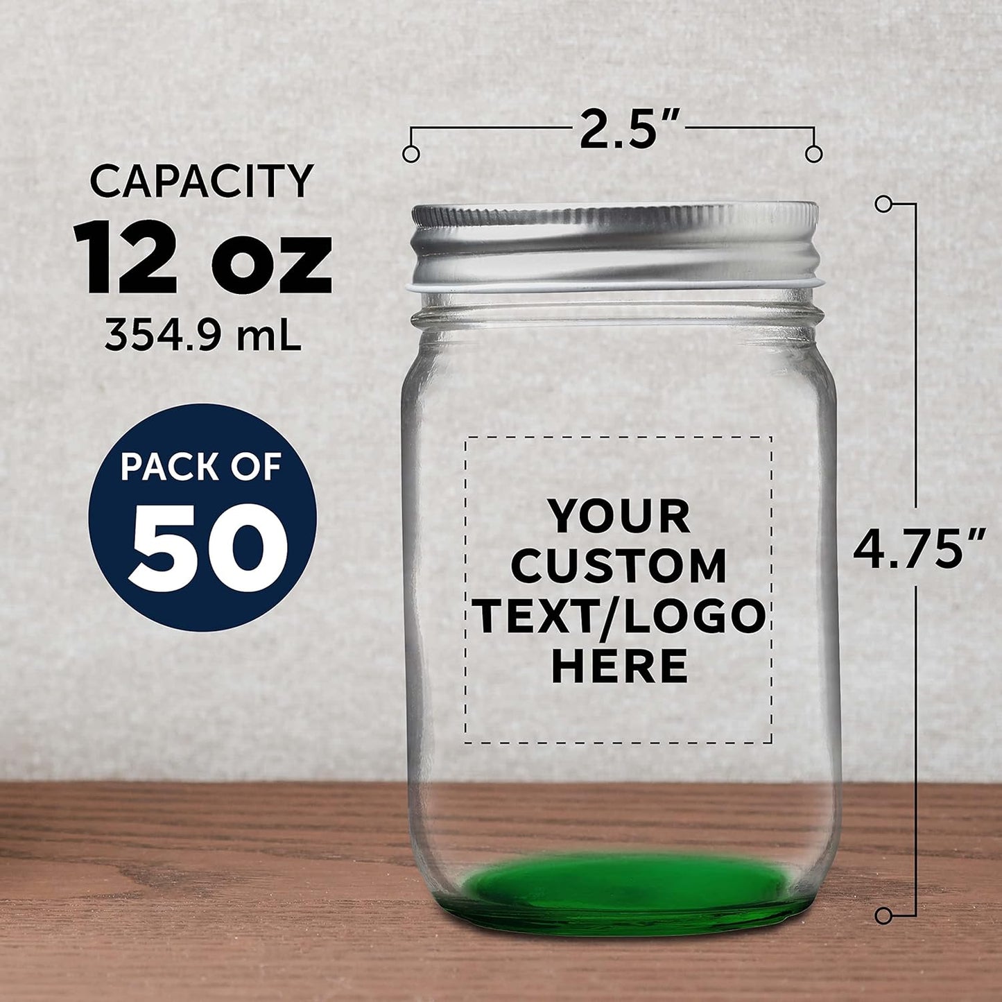 DISCOUNT PROMOS 50 Decorating Mason Jars Set, 12 oz. - Customizable Text, Logo - Canning, Aluminum Lid - Green