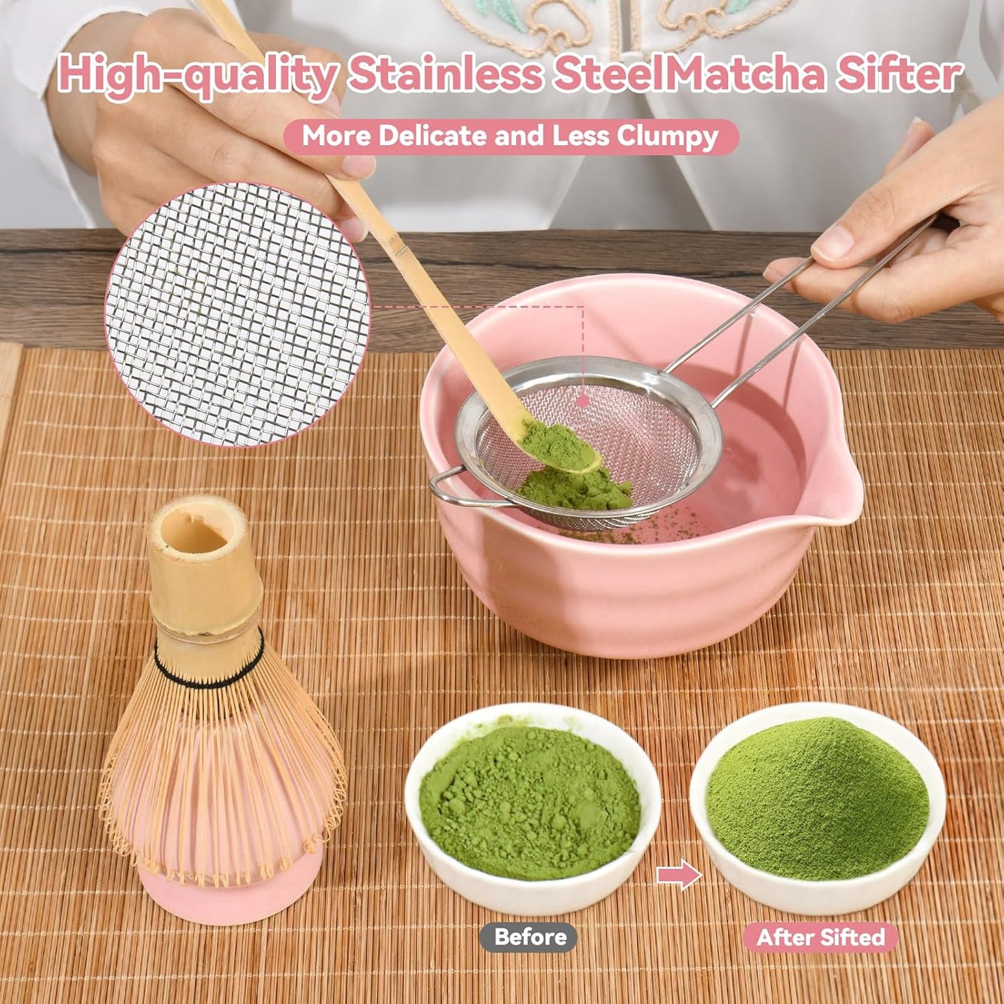 Pink Matcha Whisk Set - Ceramic Matcha Making Kit with Bamboo Whisk, Scoop, Bowl, Ceramic Holder & Sifter –5 PCS Handcrafted Elegant Japanese Tea Ceremony Tools Gift for Matcha Lovers