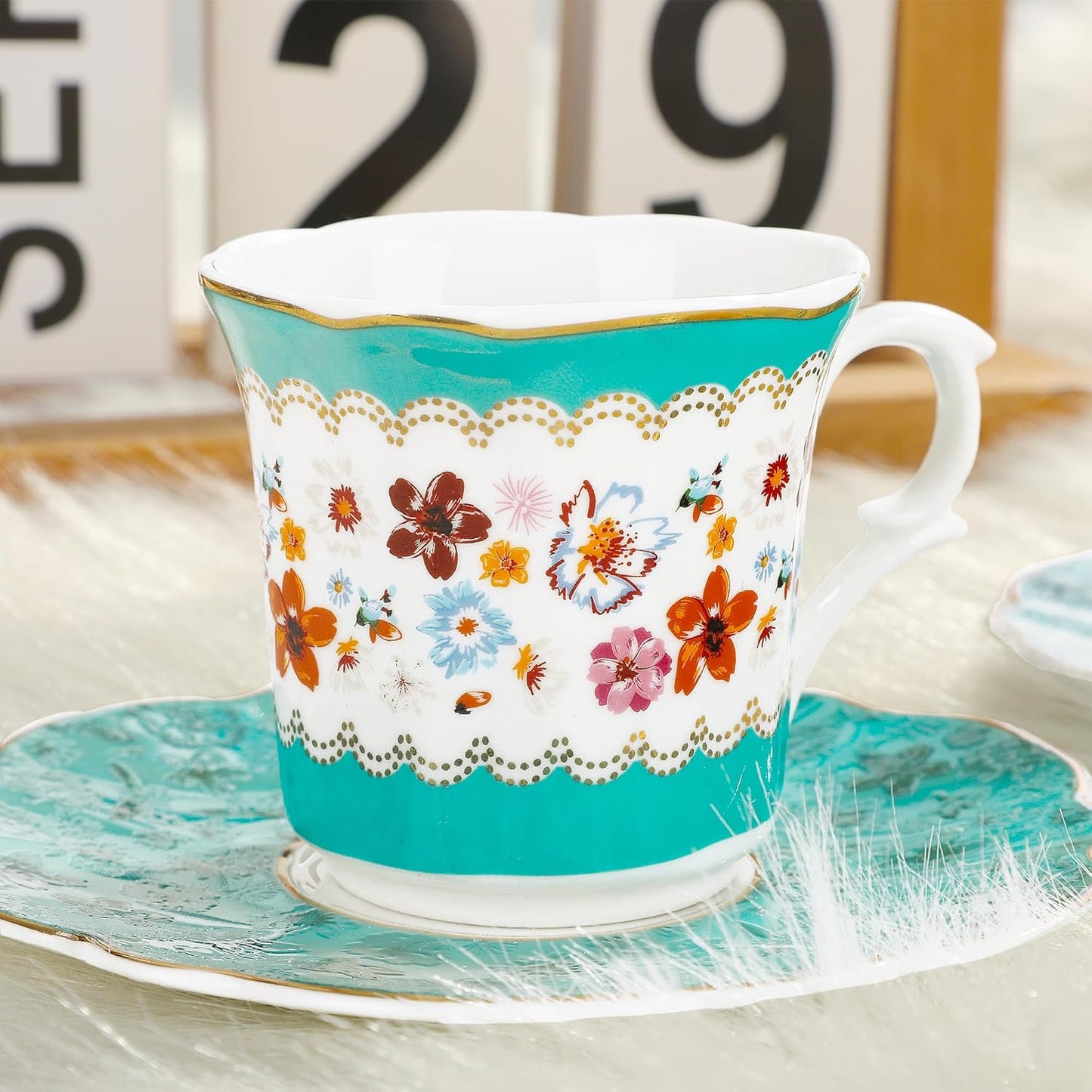 fanquare 2.5 Ounce Vintage Espresso Cups Set of 6, 12 Pieces Ceramic Demitasse Cup and Saucers, Green and Flower Pattern Espresso Mugs for Coffee Bar Home