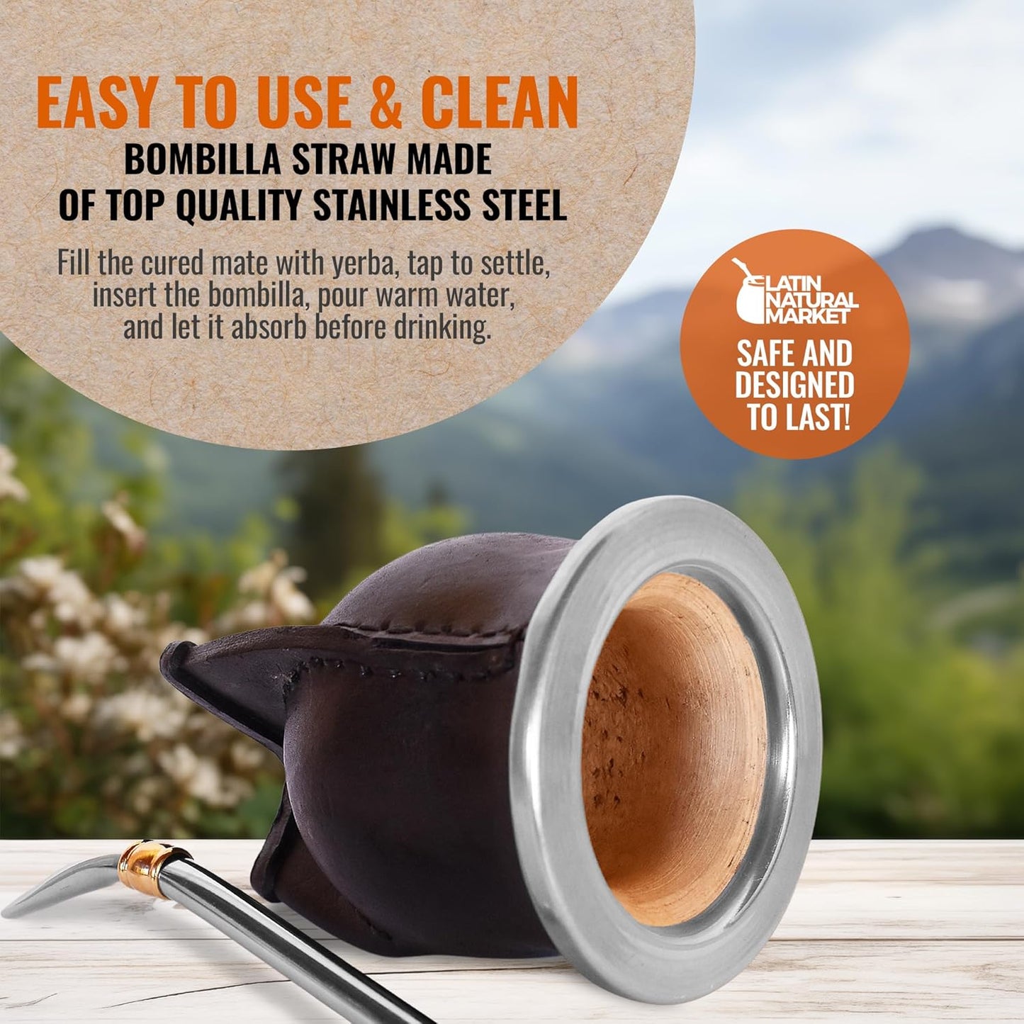 Authentic Artisan Yerba Mate Gift Set – Handmade 5.5" Natural Calabash Gourd with Leather Cover + Stainless Steel Bombilla – Traditional Argentine Kit (Gift Ready)