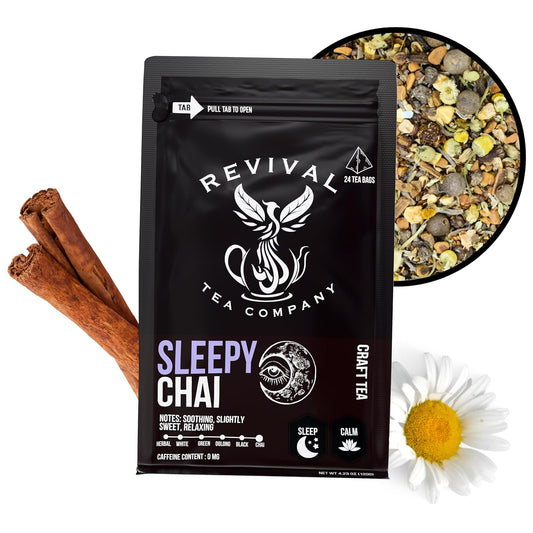 Revival Tea Company Sleepy Chai Tea - Rooibos Chai Tea Red Tea Blend with Valerian Root and Fresh Spiced Chai Flavor - Caffeine Free - 24 Tea Bags