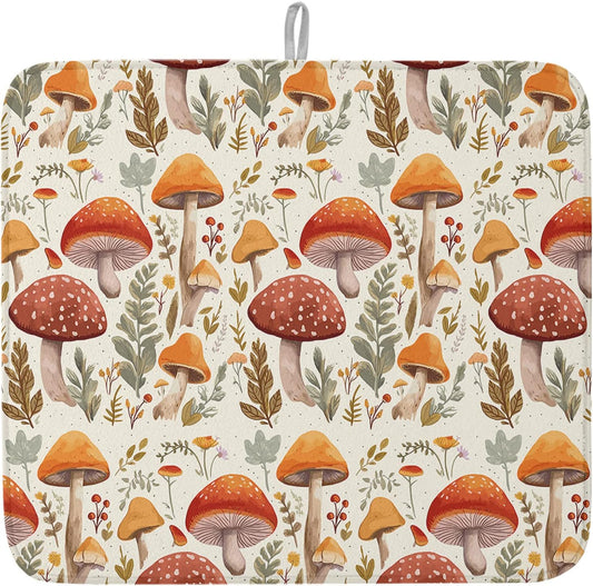 Fall Dish Drying Mat for Kitchen Counter Mushroom Drying Pad Absorbent Drying Mats for Countertops Sinks Draining Racks Autumn Plant Leaves Drainer Holiday Harvest Thanksgiving Decorations 16x18