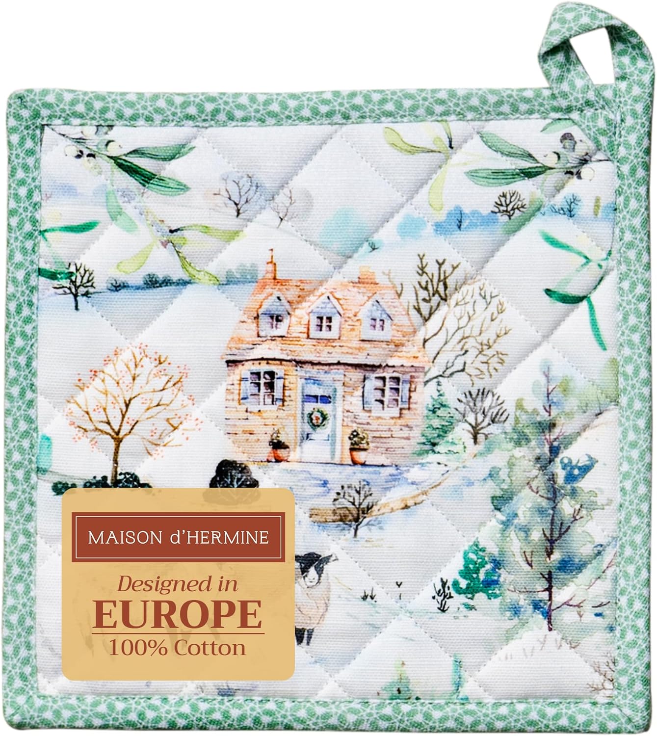 Maison d' Hermine Pot Holders 100% Cotton Heat Resistant Potholders 8" x 8" Hot Pads with Loop BBQ, Cooking, Baking, Grilling, Kitchen, Handling Hot Pans (Pack of 1, Snowy World)