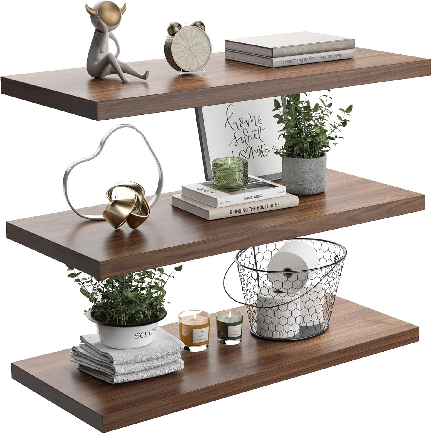 Wall Shelf Set of 3, Walnut Floating Shelves 36 in W x 10 in D x 1 in H, Wooden Floating Wall Shelf with Invisible Brackets for Living Room/Bedroom/Bathroom/Kitchen Storage and Decor