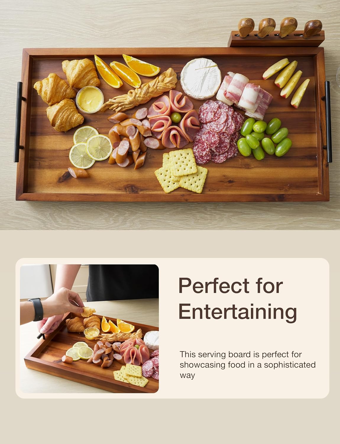 Acacia 30 Inch Large Charcuterie Boards for Party with Cheese Knife Set of 4 – Acacia Wood Serving Tray with Handles, Long Charcuterie Board, Wooden Cheese Board