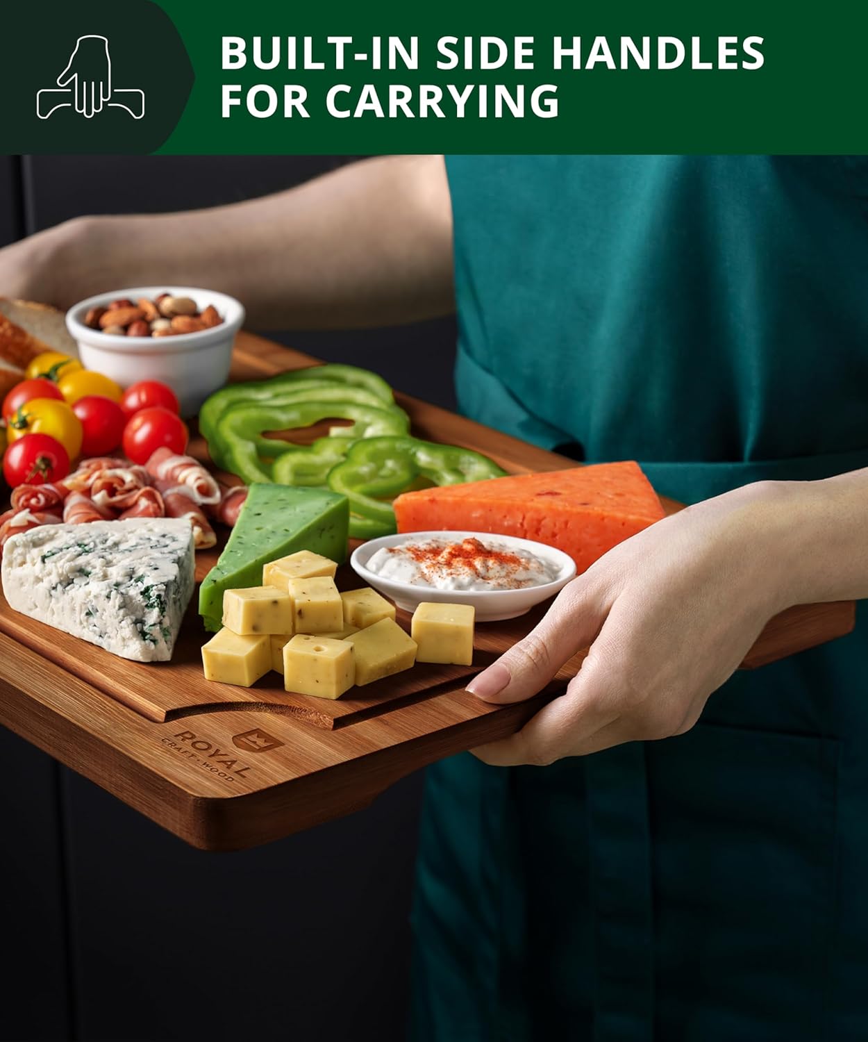 ROYAL CRAFT WOOD Wooden Cutting Boards for Kitchen Meal Prep & Serving - Bamboo Wood Serving Board Set with Deep Juice Groove Side Handles - Charcuterie & Chopping Butcher Block for Meat (3 Pcs)