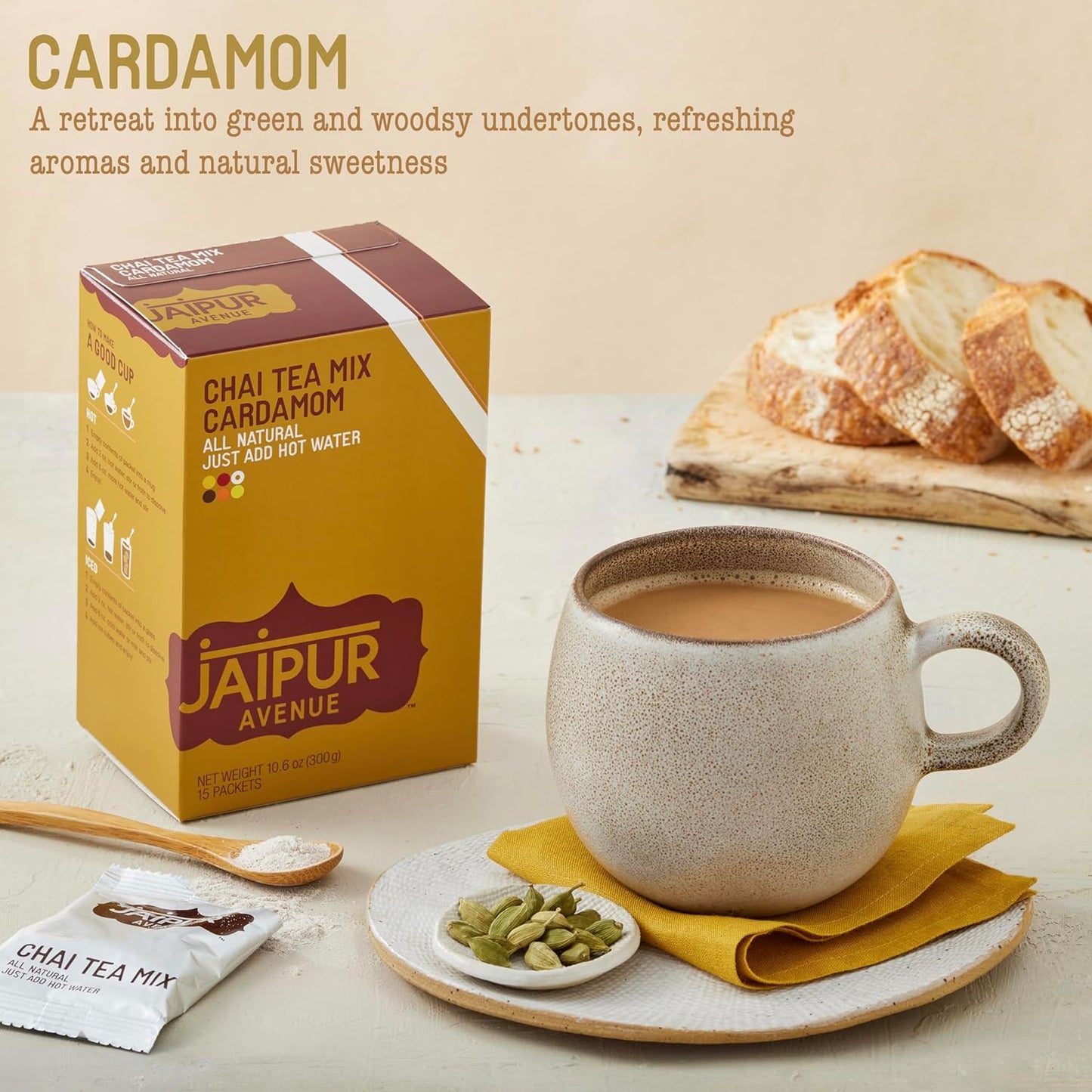 Jaipur Avenue Cardamom Chai Tea Mix Crafted with All-Natural Assam Black Tea, Cardamom, Cane Sugar, and Premium Dry Milk - Preservative-Free, Gluten-Free, Authentic Indian Chai Tea Latte (15 Servings)