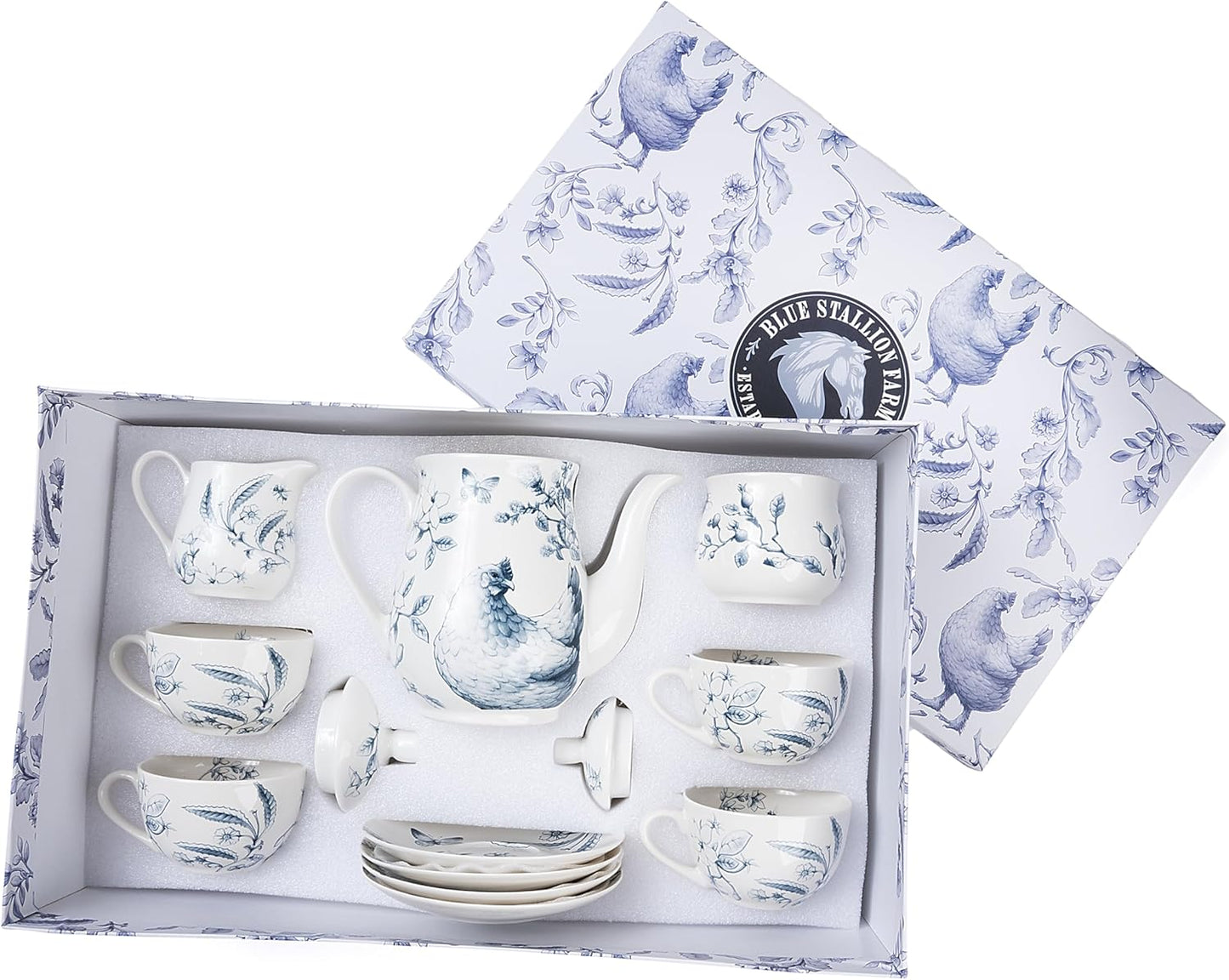 11-Piece Blue & White Collectible Chicken Floral Pattern Tea Set with Giftbox