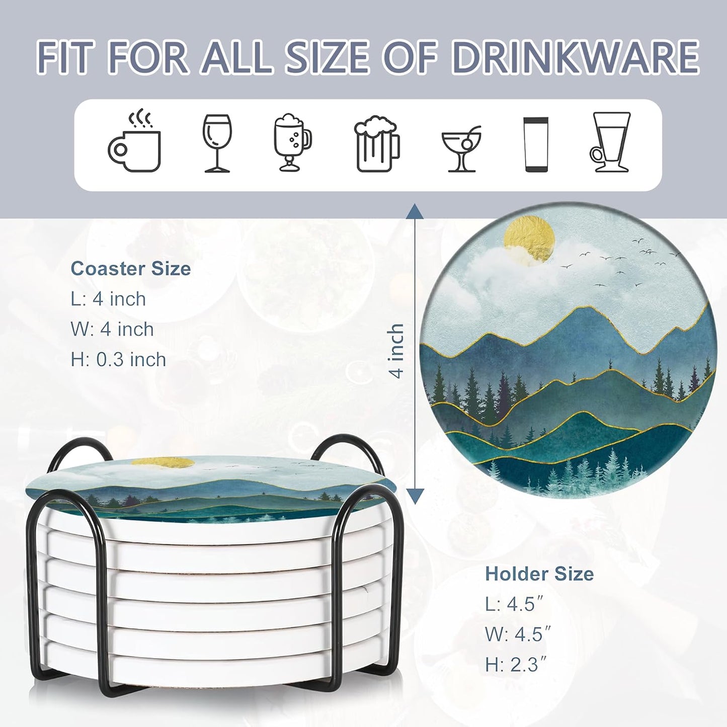 6 Pcs Coasters for Drinks with Holder, Abstract Mountain Sun Absorbent Ceramic Coasters with Cork Base,Cute Funny Table Drinks Coasters Tabletop Protection Mat,Table Home Decor,4 Inches