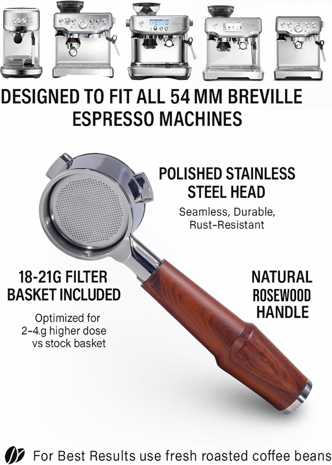 54mm Bottomless Portafilter Breville Compatible Rosewood Handle & Naked 18-21 Gram Filter Basket Included, Fits Barista Express, Pro, Touch, Bambino Plus, Infuser, Duo Temp Pro Impress