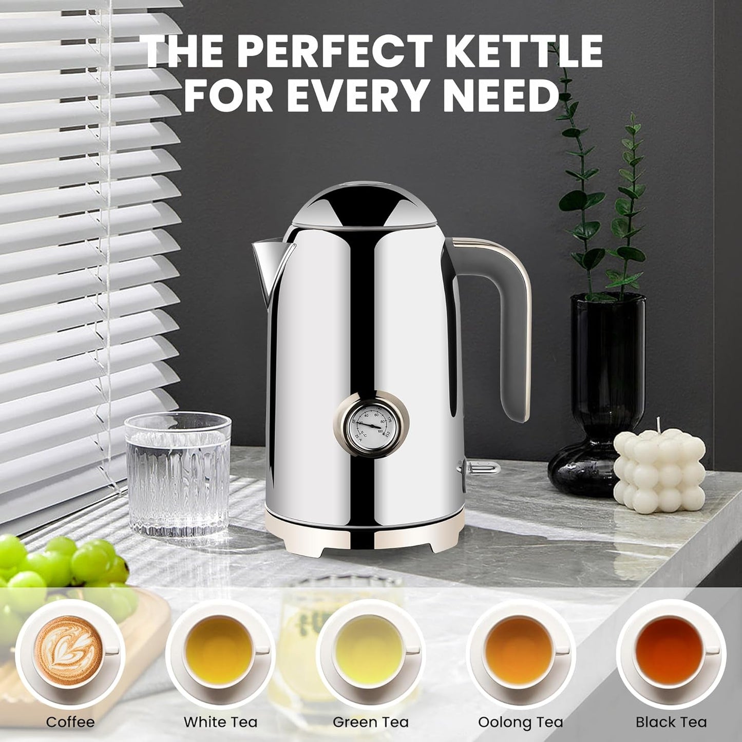 SUSTEAS Electric Kettle - 57oz Hot Tea Water Boiler with Thermometer, 1500W Fast Heating Stainless Steel Pot, Cordless LED Indicator, Auto Shut-Off & Boil Dry Protection, Silver