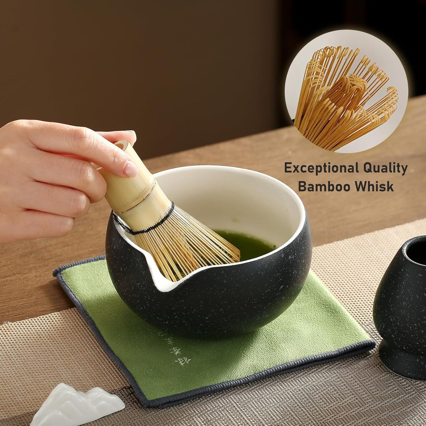 Matcha Whisk Set, Ceramic Matcha Set with Spout, Matcha Bowl Kit with Sifter, Whisk and Holder, Bamboo Scoop, Scoop Rest, Tea Towel, 7 Pcs Matcha Kit Set for Making Breakfast/Latte for Matcha Lovers