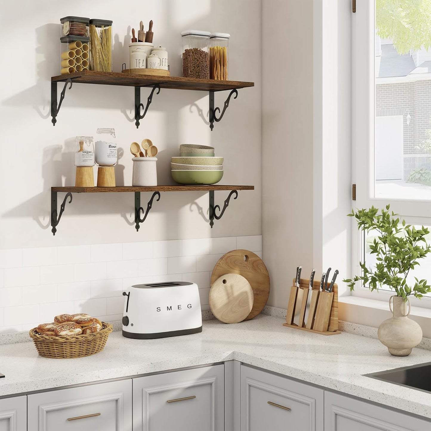 RICHFOCUS 12 Inch Deep Floating Shelves for Wall, 31.5" W x 12" D Wood Wall Shelves Set of 2, Wide Floating Shelves for Living Room, Bedroom, Kitchen, Bathroom and Storage, Rustic Brown