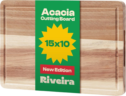 Riveira Acacia Wood Cutting Board – Gourmet Acacia Grandeur: 15 x 10 Wooden Cutting Board – Natural Wooden Cutting Boards For Kitchen Decorative – Innovative Juice Grooves Acacia Wooden Chopping Board