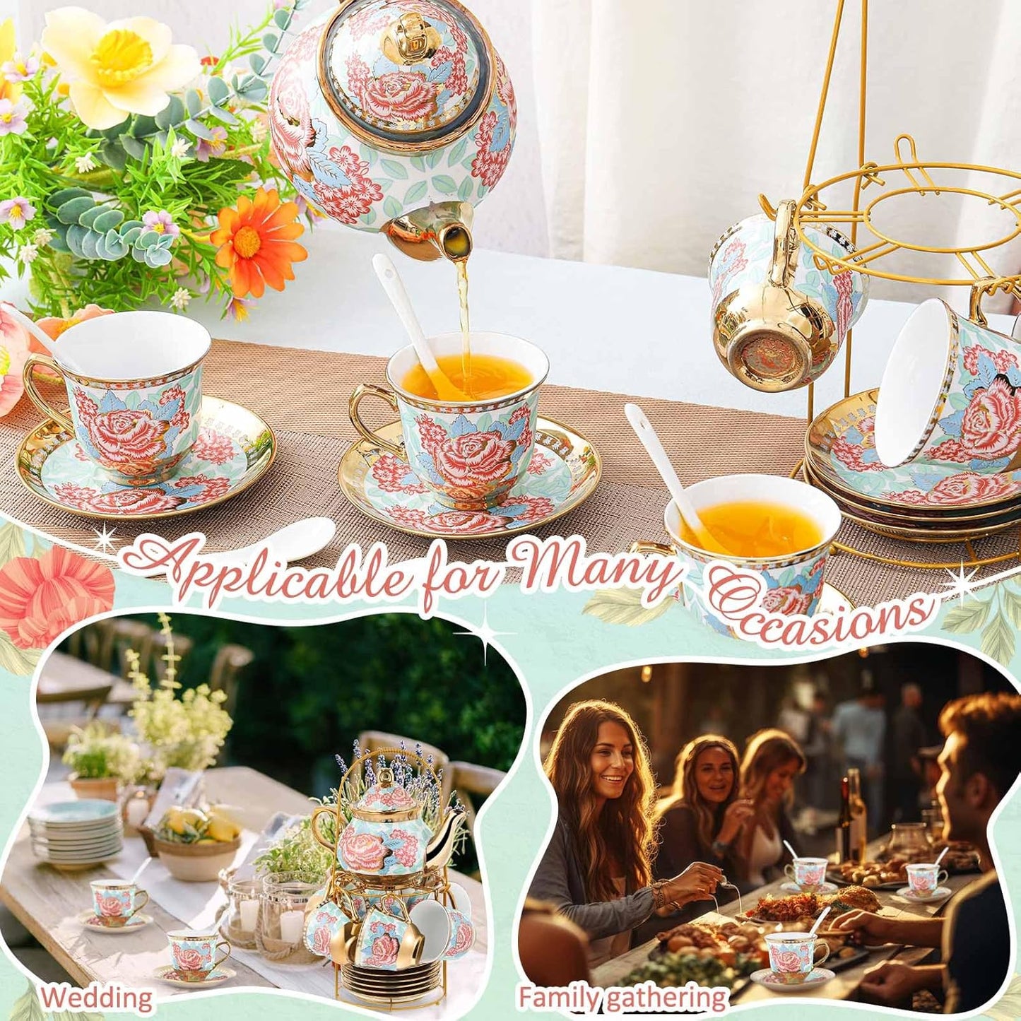 Zhehao 20 Pcs Porcelain Tea Set with Metal Holder and Spoon Adult Ceramic Tea Party Set European Flower Painting Teapot Cup Saucer Spoon Set for Women, Large Version(Vintage Style)