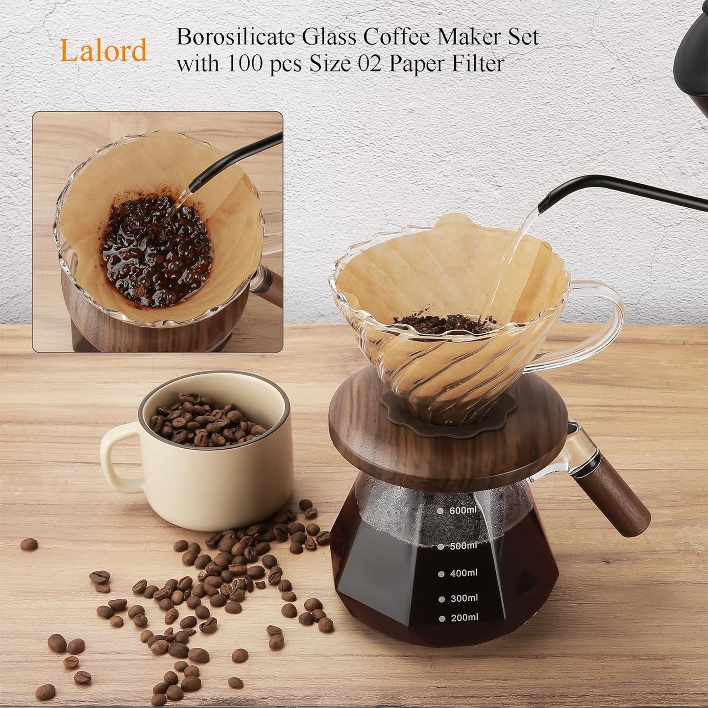 Pour Over Coffee Maker, 20 oz Borosilicate Glass Set with 100 pcs V60 Paper Filter, Coffee Dripper with Walnut Collar, Coffee Pot with Glass Lid, 1-3 Cups, Clear, (600 ml)