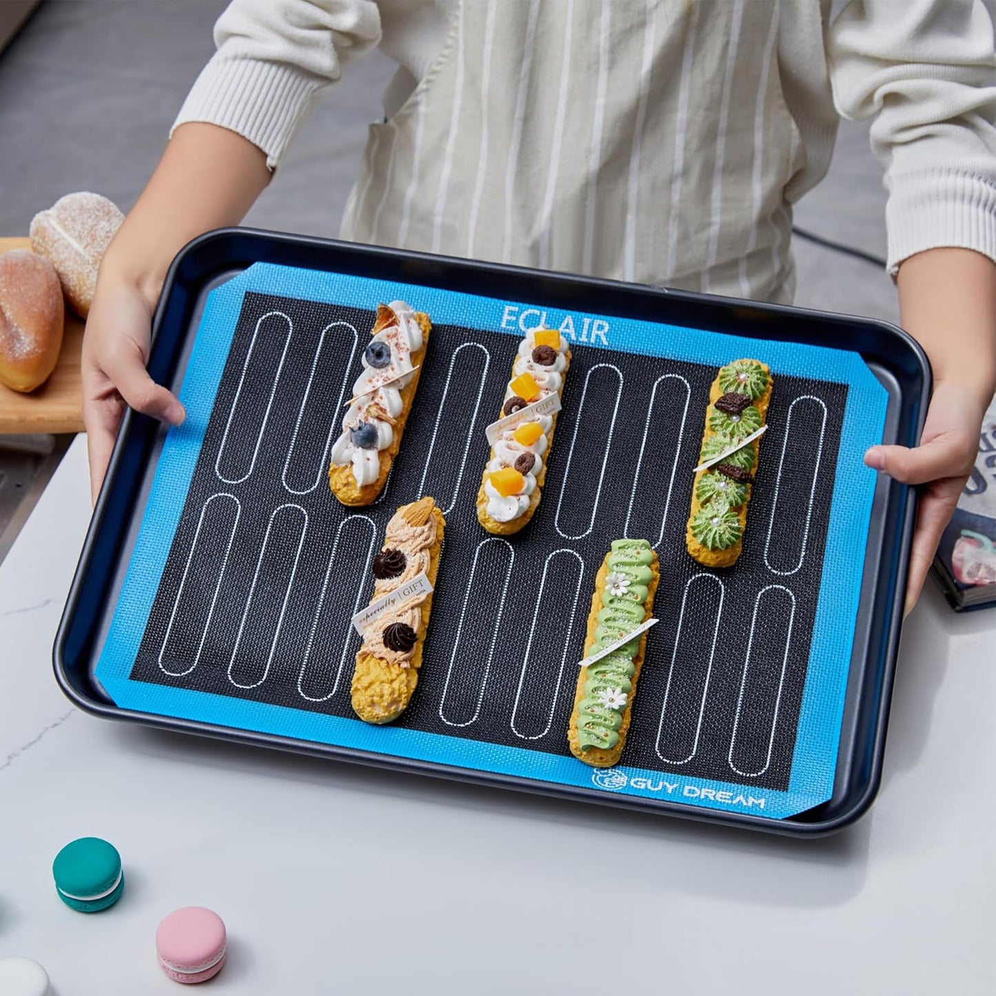 GUY DREAM Pack of 4 Perforated Silicone Baking Mats - 1 Choux, 1 Eclair, 1 Blank for Cookies, 1 10'' Round for Pizza - Non-Stick Reusable Oven Liner 11-4/5" x 15-3/4"