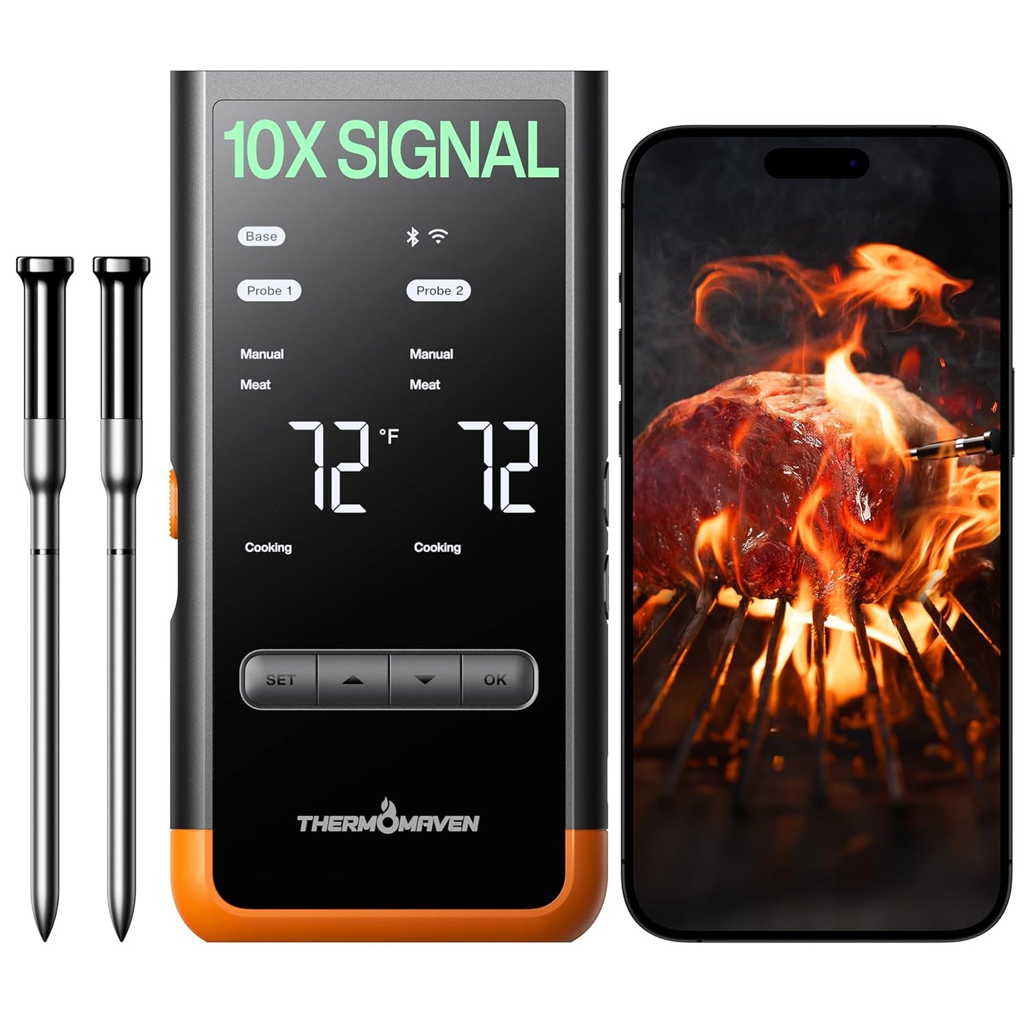 Wireless Bluetooth Smart Meat Thermometer: Standalone Base, Smart WiFi Thermometer with Sub-1G, 6 Sensors NIST Certified Accuracy, 2 Probes, for BBQ, Grill, Oven, Smoker, Rotisserie
