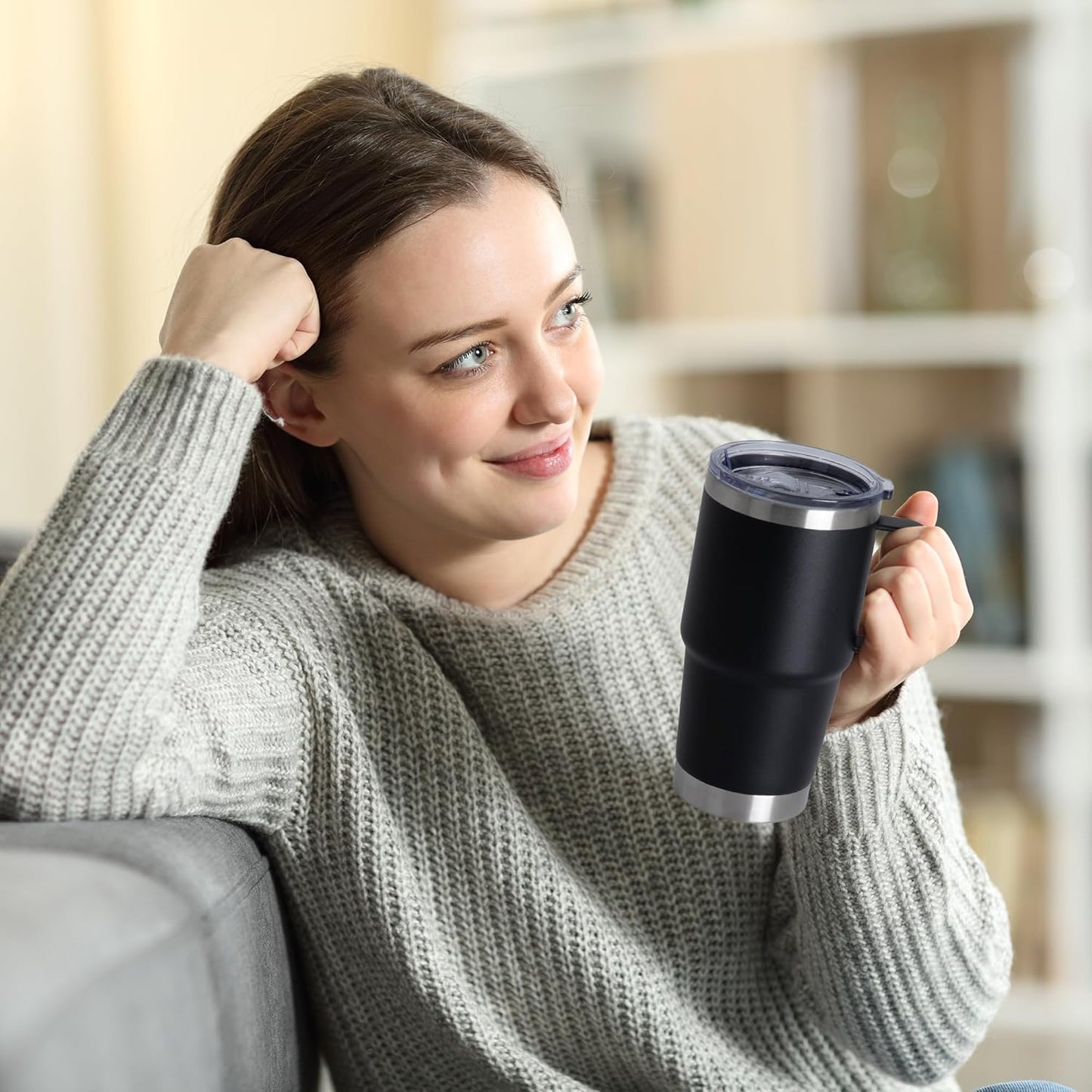 HASLE OUTFITTERS 20oz Tumbler Bulk with Lid, Stainless Steel Tumbler Bulk with Handle, Metal Insulated Travel Coffee Mug Set with Handle, Double Wall Vacuum Leak Proof Tumbler Cup, Black 6 Pack