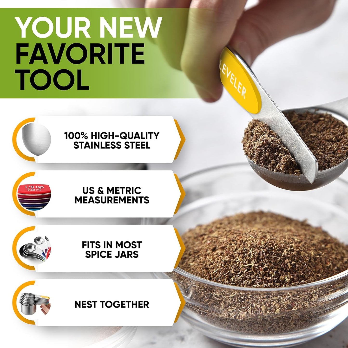 Spring Chef Magnetic Measuring Cups & Spoons Set (Patent Pending), Strong N45 Magnets, Heavy Duty Stainless Steel Fits in Spice Jars for Baking & Cooking, BPA Free, Set of 15 with Leveler, Multicolor