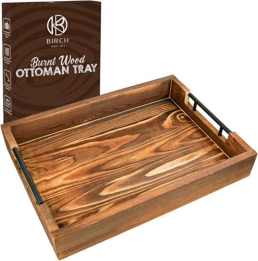 Natural Bamboo Serving Trays Modern Decorative Otman Trays with Metal Handles - Perfect for Living Room, Bedroom, Entryway & Kitchen