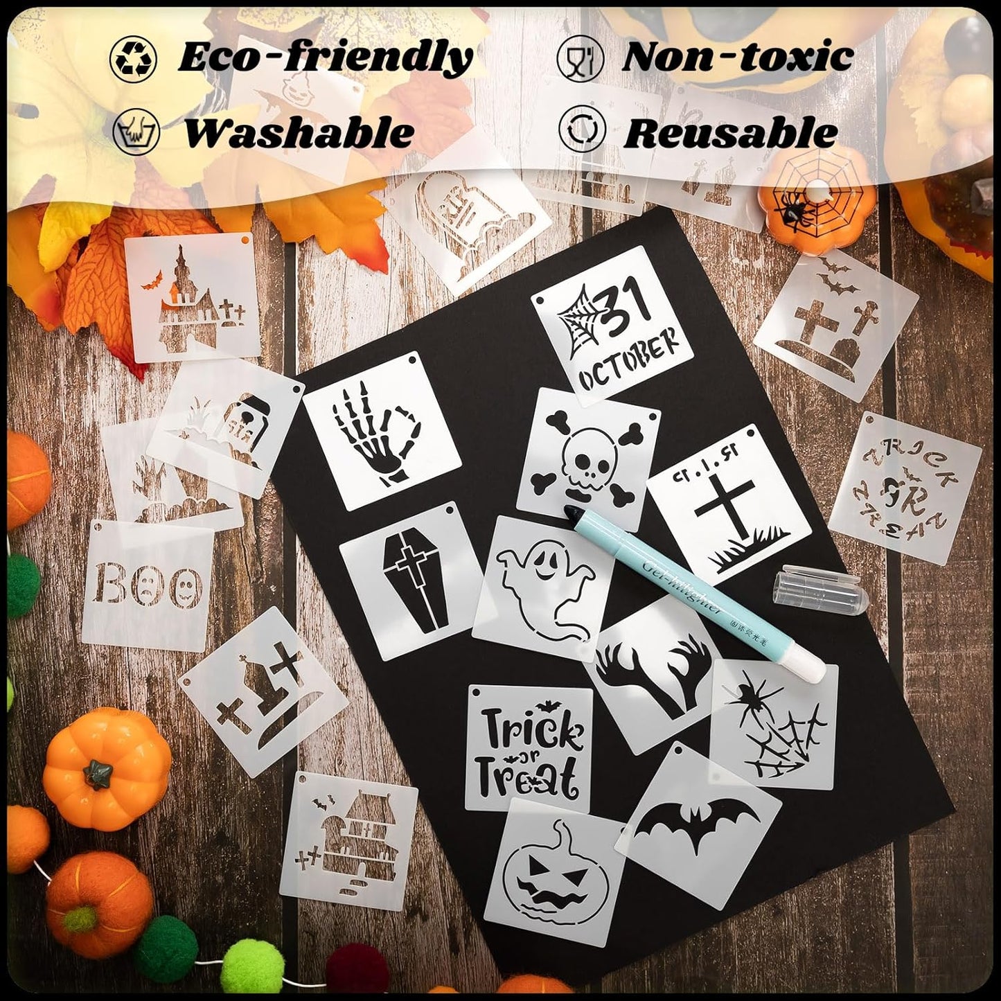 100 Pcs Stencils for Painting on Wood Reusable Stencil Crafts Drawing Templates Holiday Wall Paper for DIY Scrapbook Home 2 x 2 Inch(Ghost)