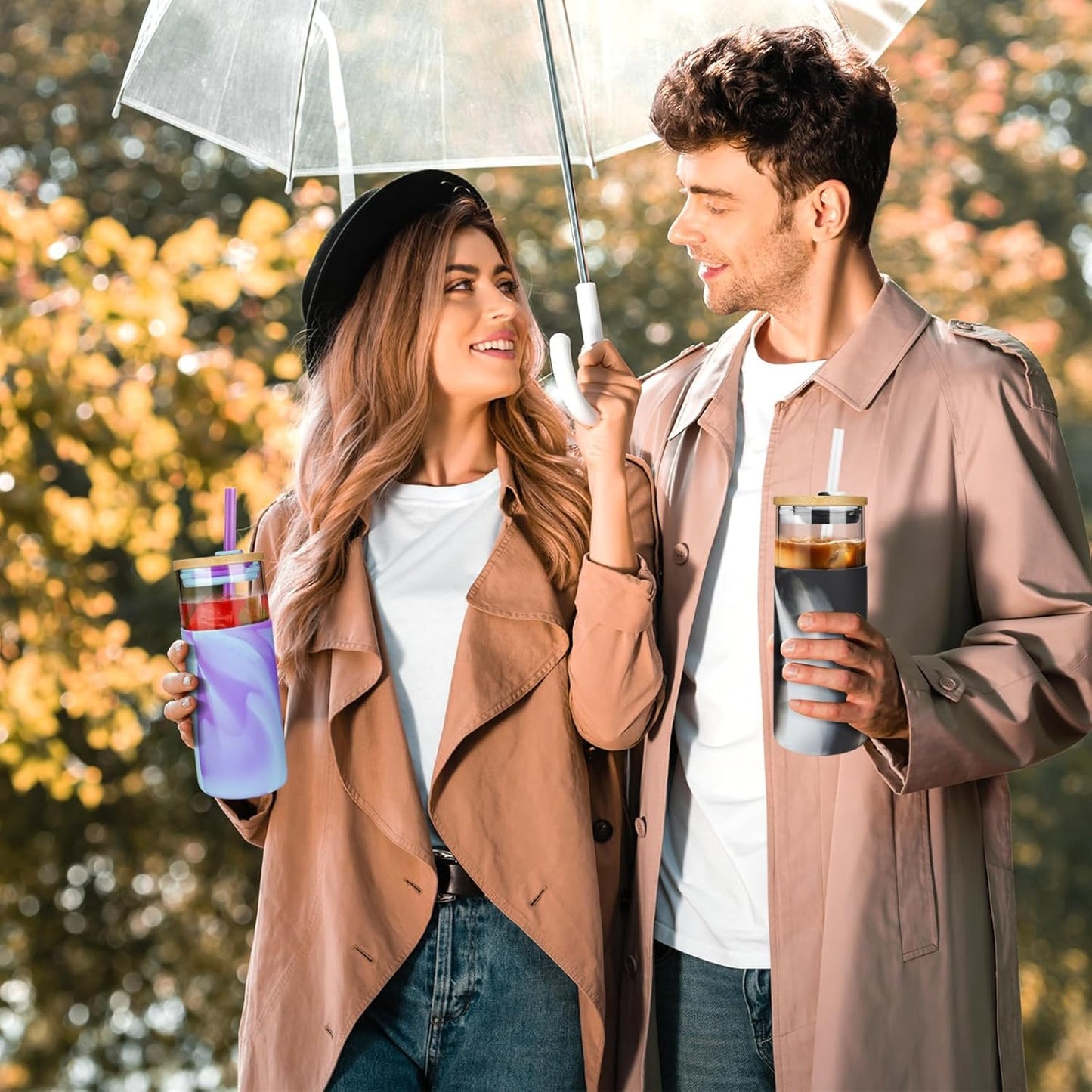 Tronco 24 oz Glass Tumbler with Straw and Lid - Glass Cup with Lid and Straw, Smoothie Cup, Iced Coffee Cup - Bamboo Lid and Protective Silicone Sleeve - BPA-Free